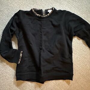 J.Crew Factory Woven Cotton Leopard Trim Ruffle Neck Pullover Sweatshirt Black